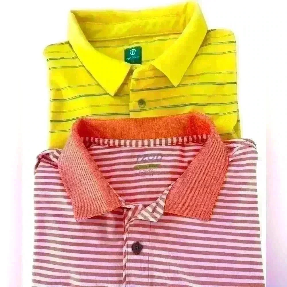 Bundle of Two Golf Polos. Izod Orange & White Stripe & Pro Tour Yellow & Blue